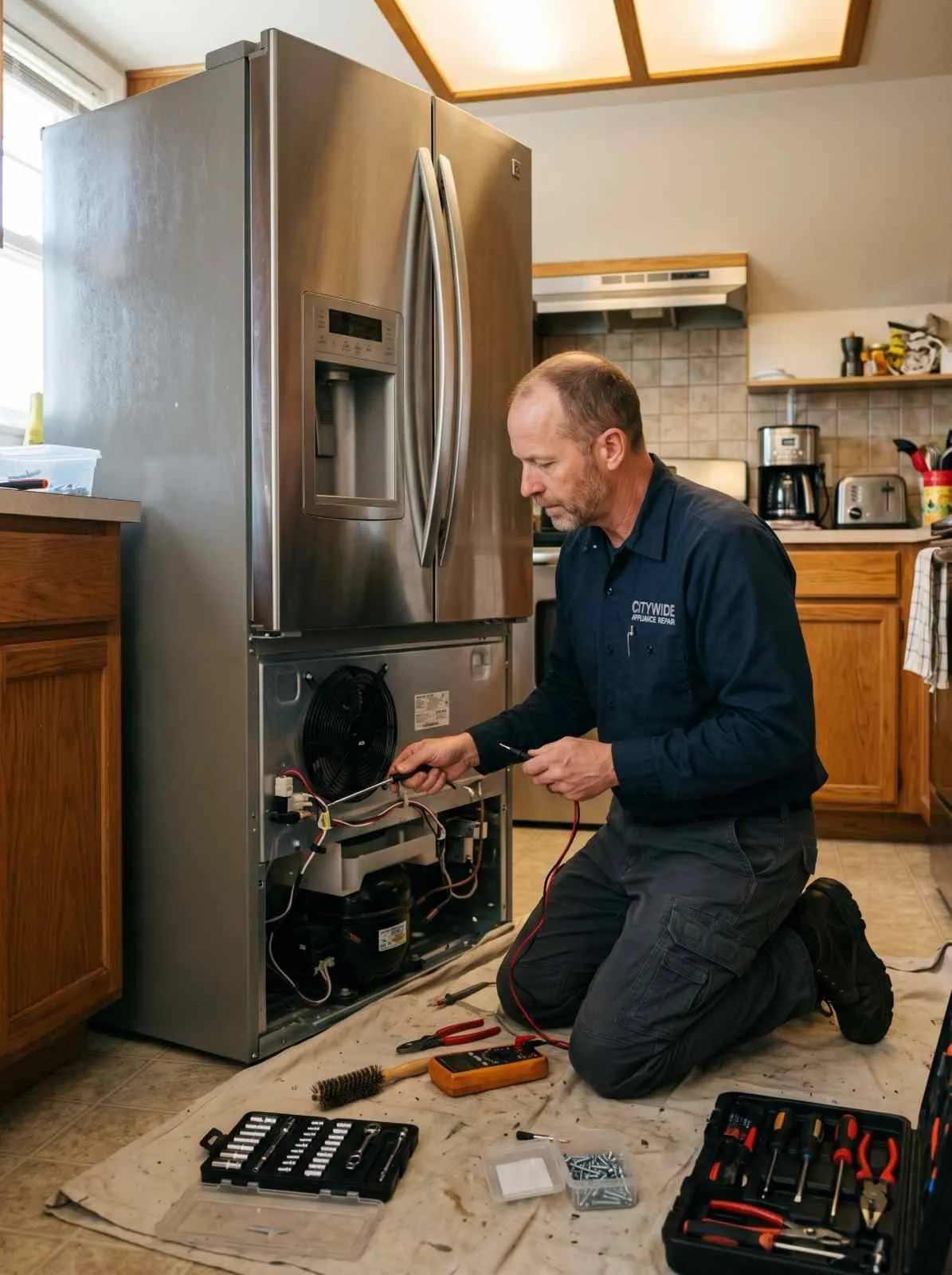 Technician repairing a refrigerator in a home kitchen